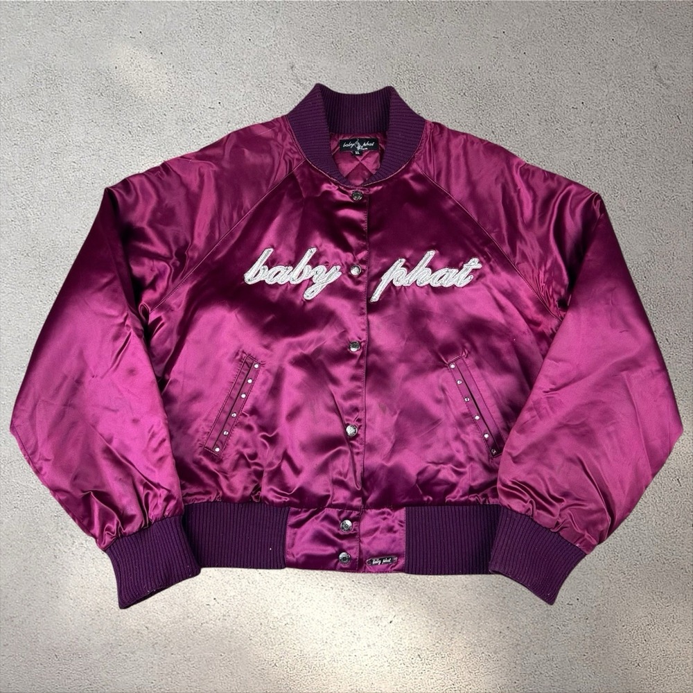 Y2K Baby Phat Pink Satin Bomber Jacket Womens XL Cat Logo Studded Vintage